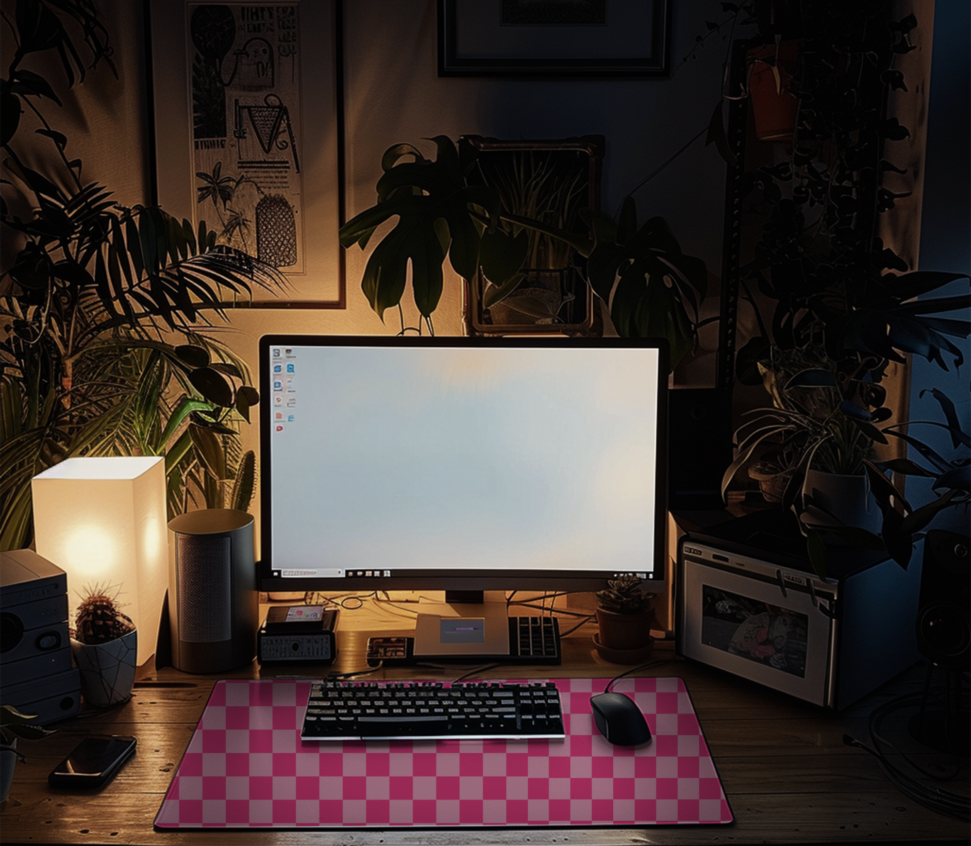 Pink Checkered Desk Mat, Aesthetic Desk Decor, Keyboard Rug