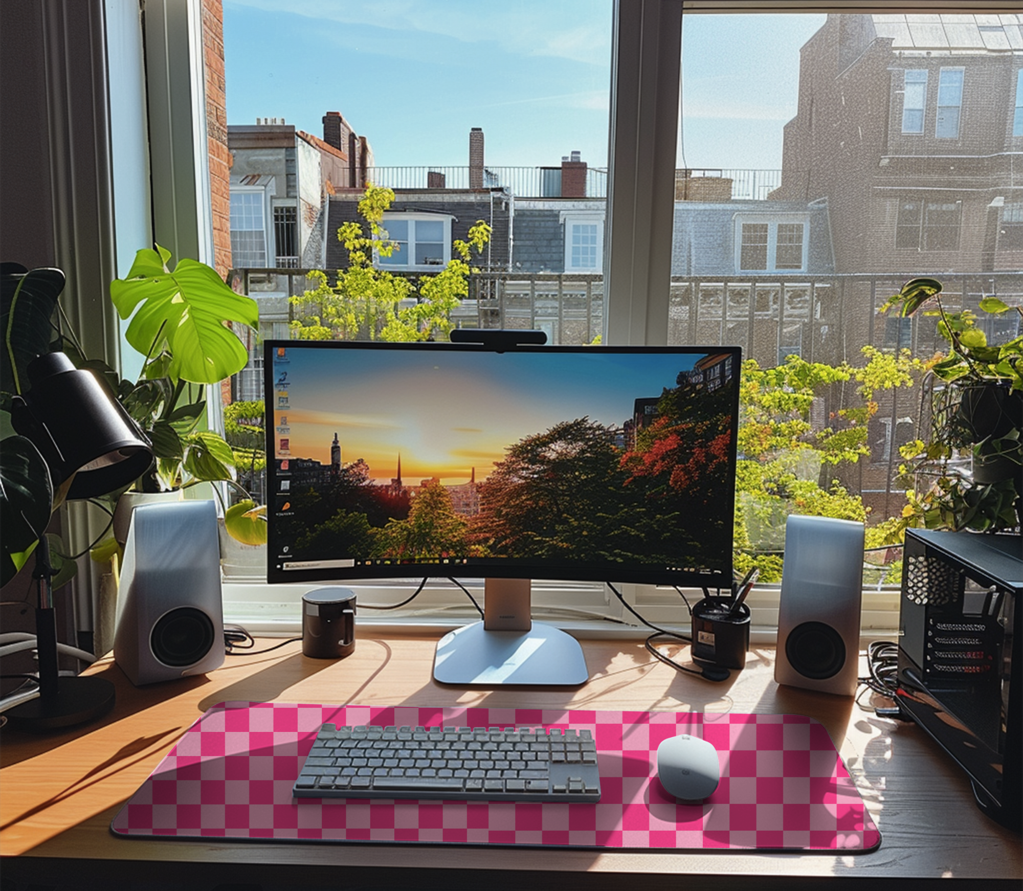 Pink Checkered Desk Mat, Aesthetic Desk Decor, Keyboard Rug