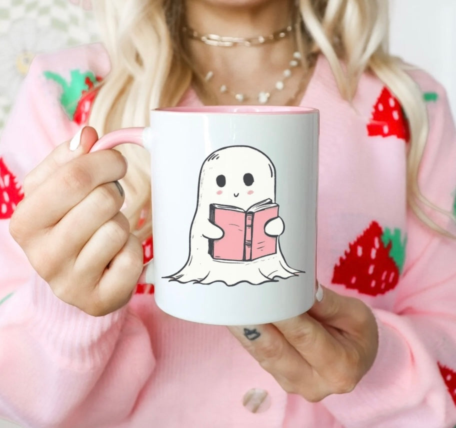 Pink Reading Ghost Mug