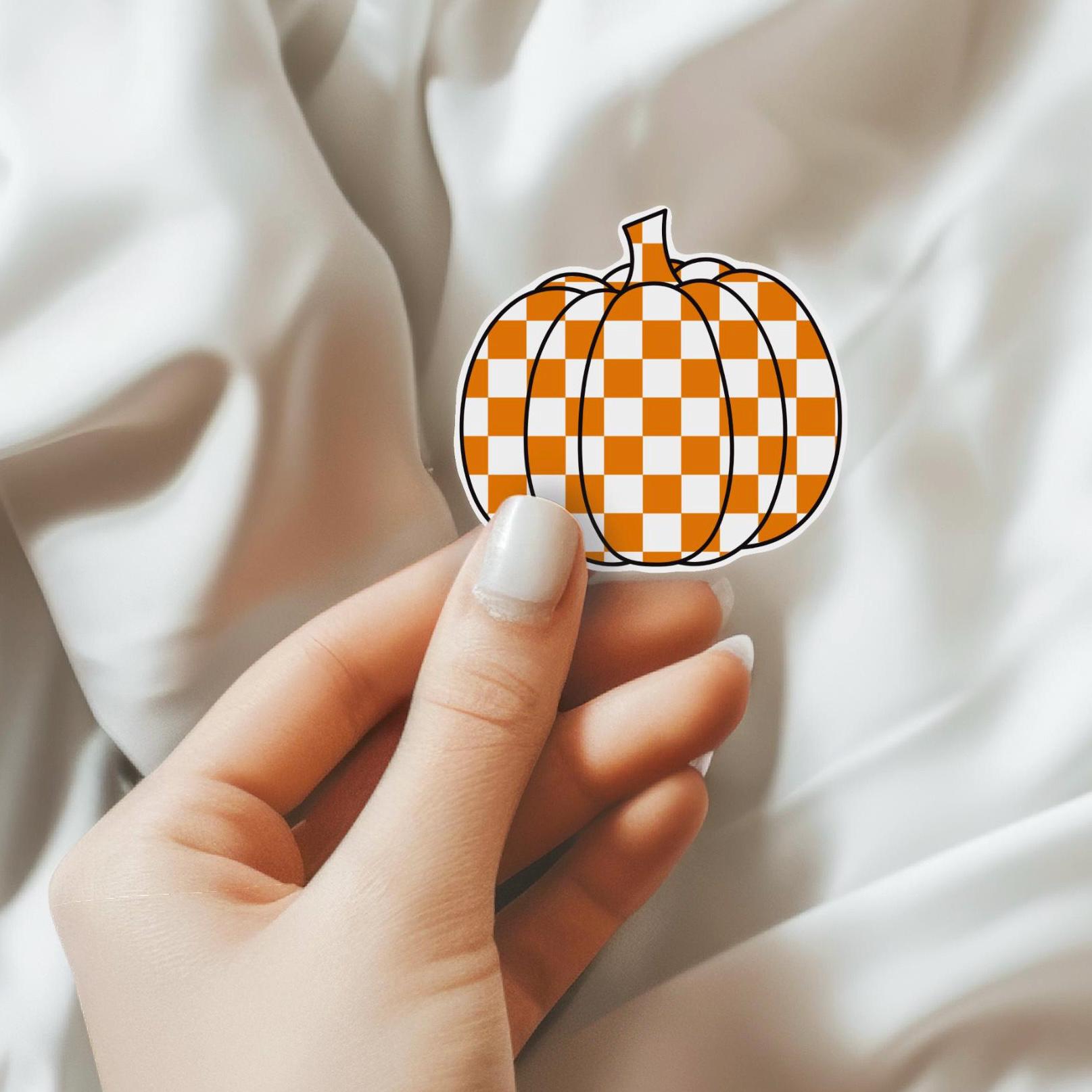 Orange and White Checkered Pumpkin Waterproof Sticker