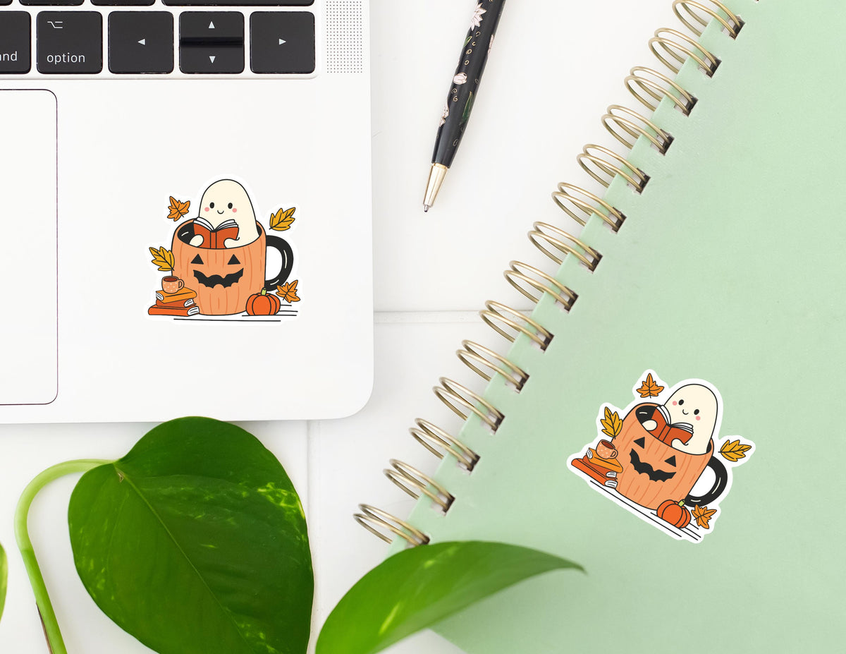 Reading Ghost in a Pumpkin Mug Fall Waterproof Sticker