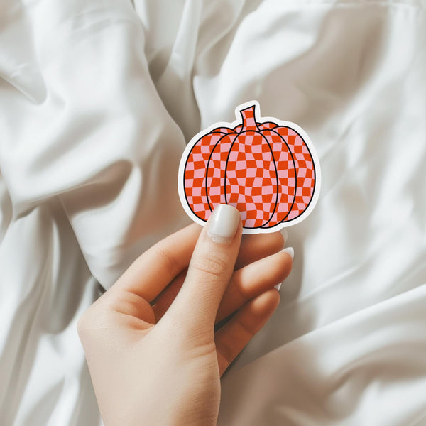 Pink and Red Checkered Pumpkin Waterproof Sticker