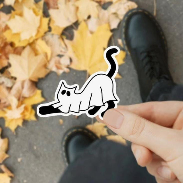 Stretching Ghost Cat Waterproof Sticker