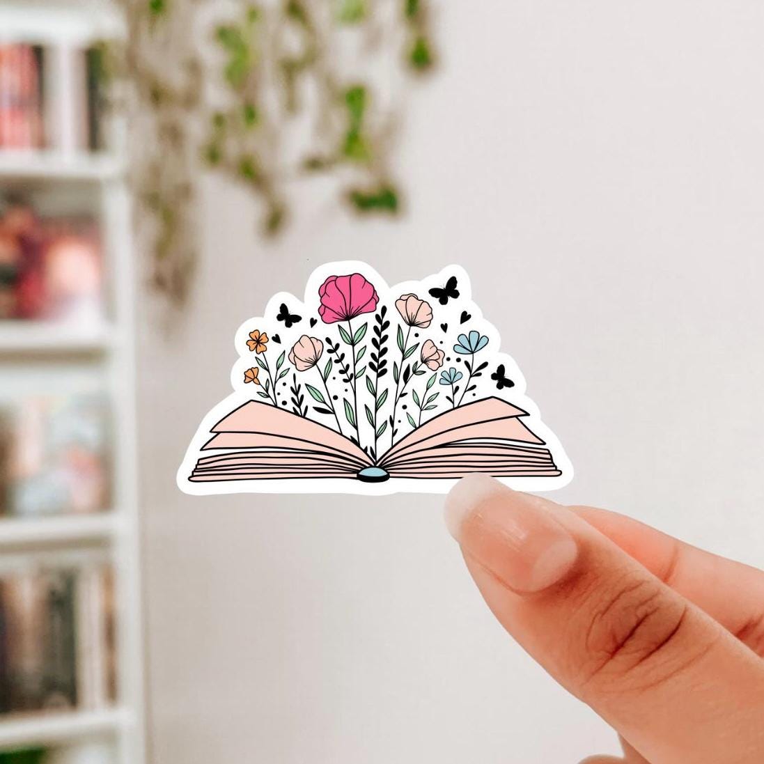 Pink Floral Open Book Waterproof Sticker