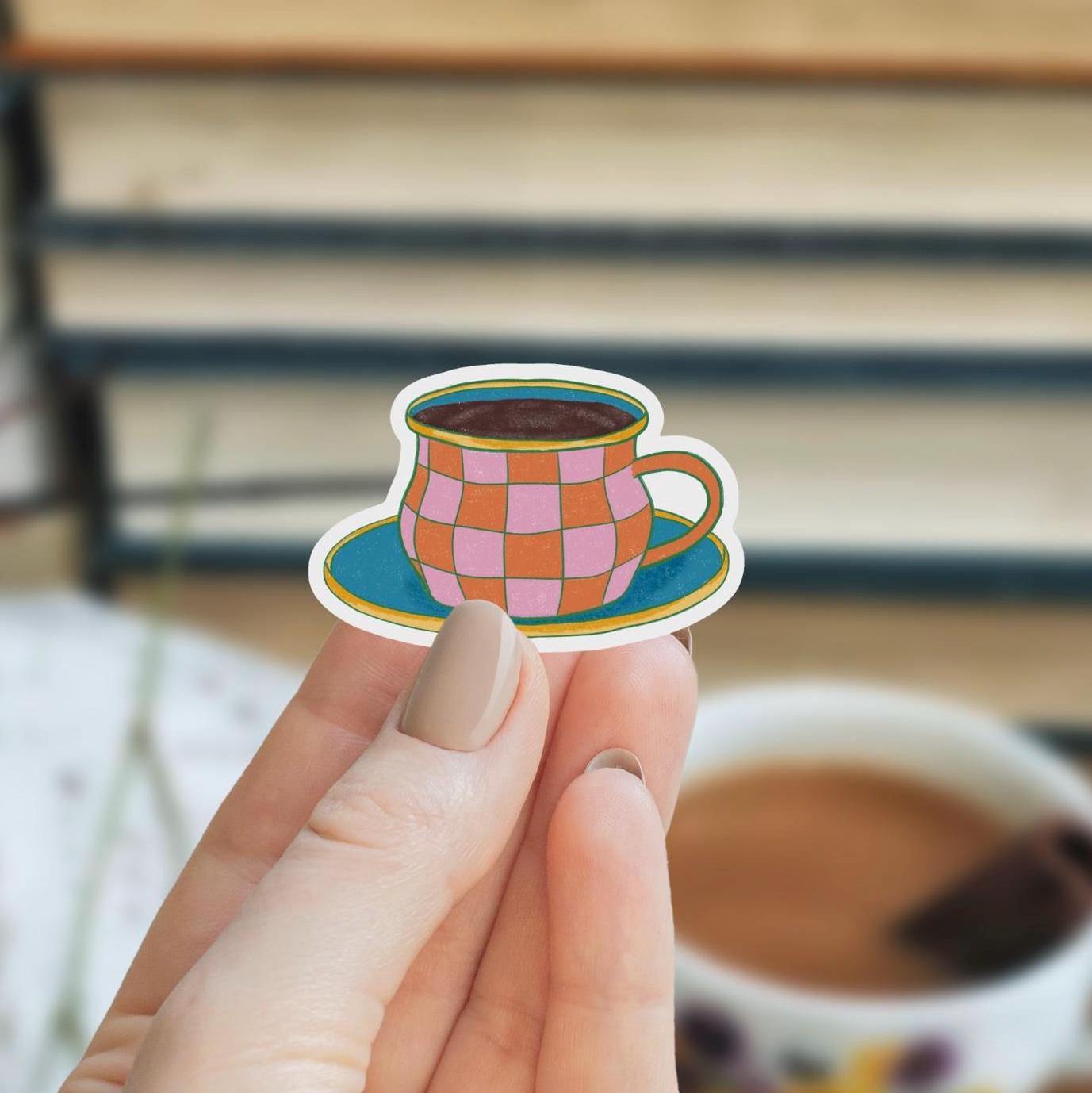 Checkered Mug Sticker, Laptop Decals, Aesthetic Stickers, Water Bottle Stickers